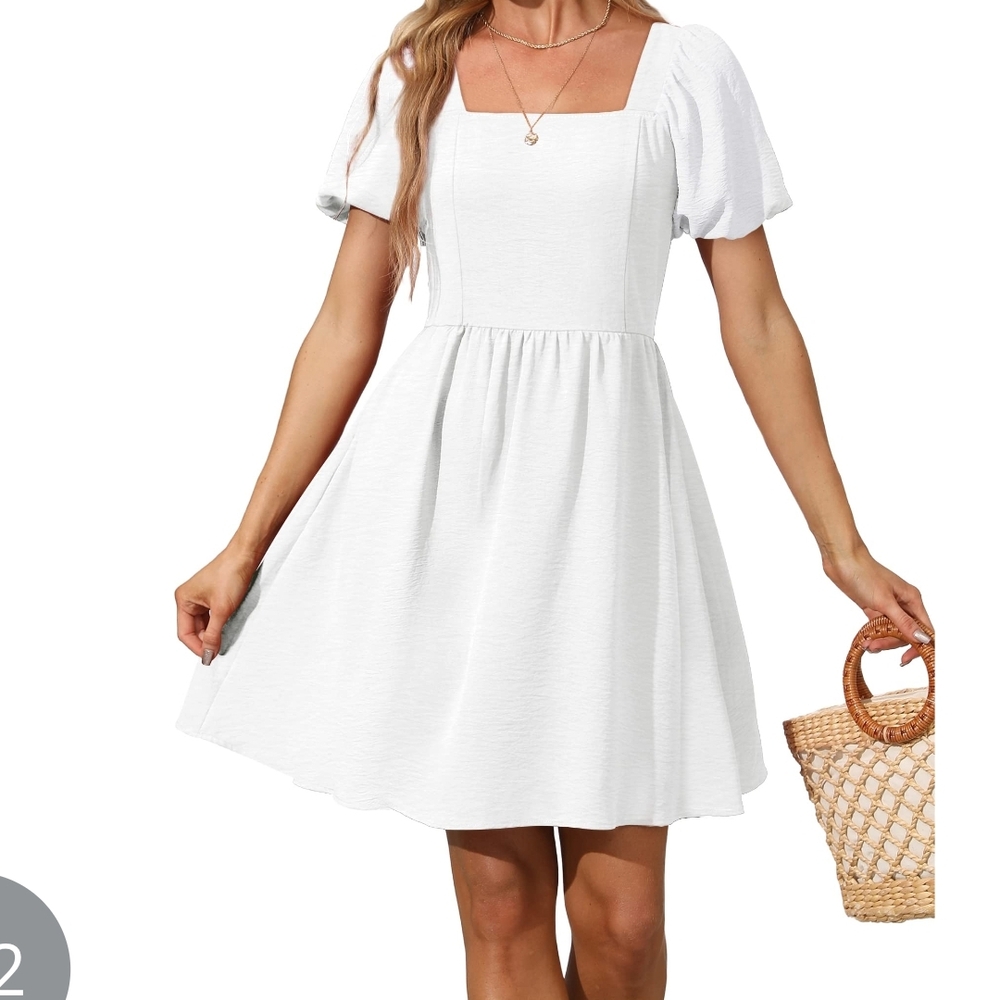 XL OFEEFAN Chic White Puff Sleeve Mini Dress NWT Feminine Tie Back Neckline